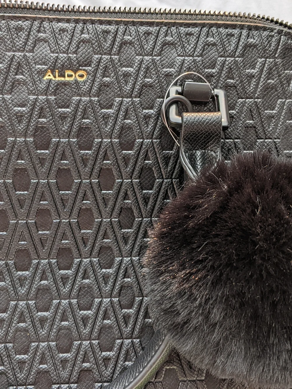 ALDO Black Textured Satchel with Fur Pom Charm